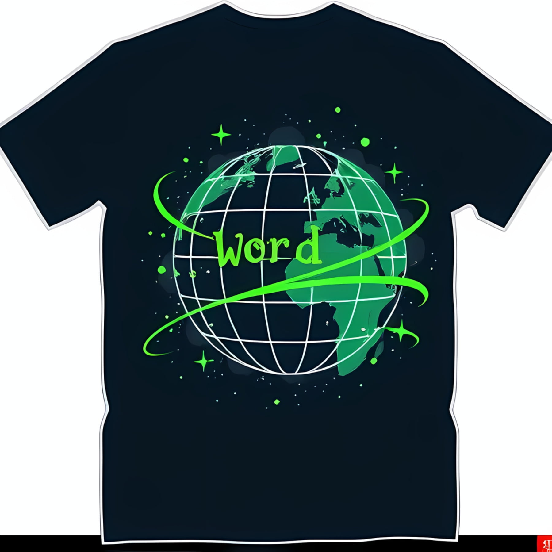 Black TShirt with Green Globe Design & 'Word' Text for World Lovers