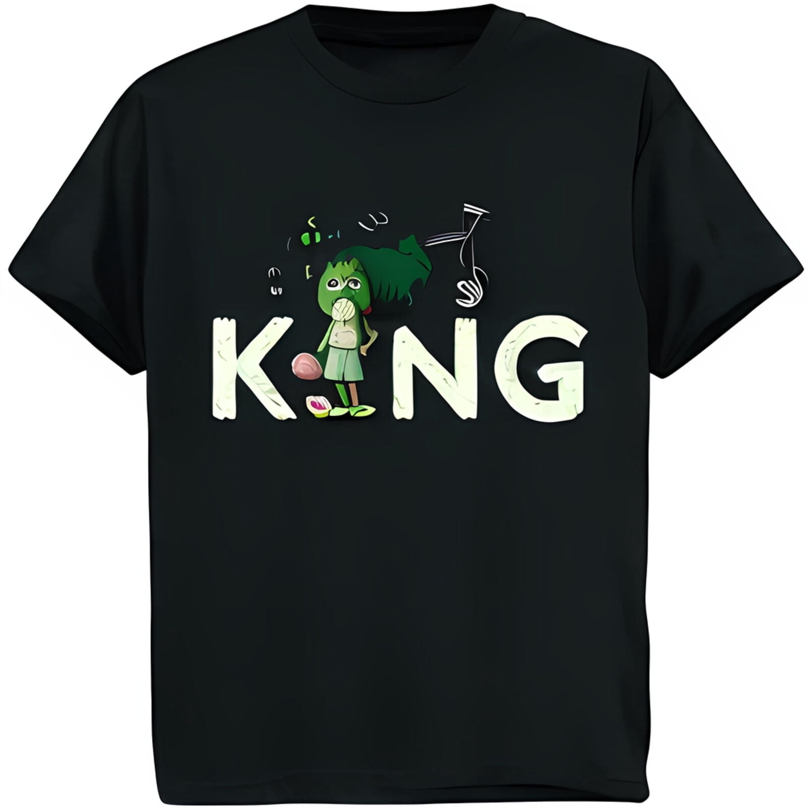 black-t-shirt-with-green-holding-pink-object-king-text-classic-neck