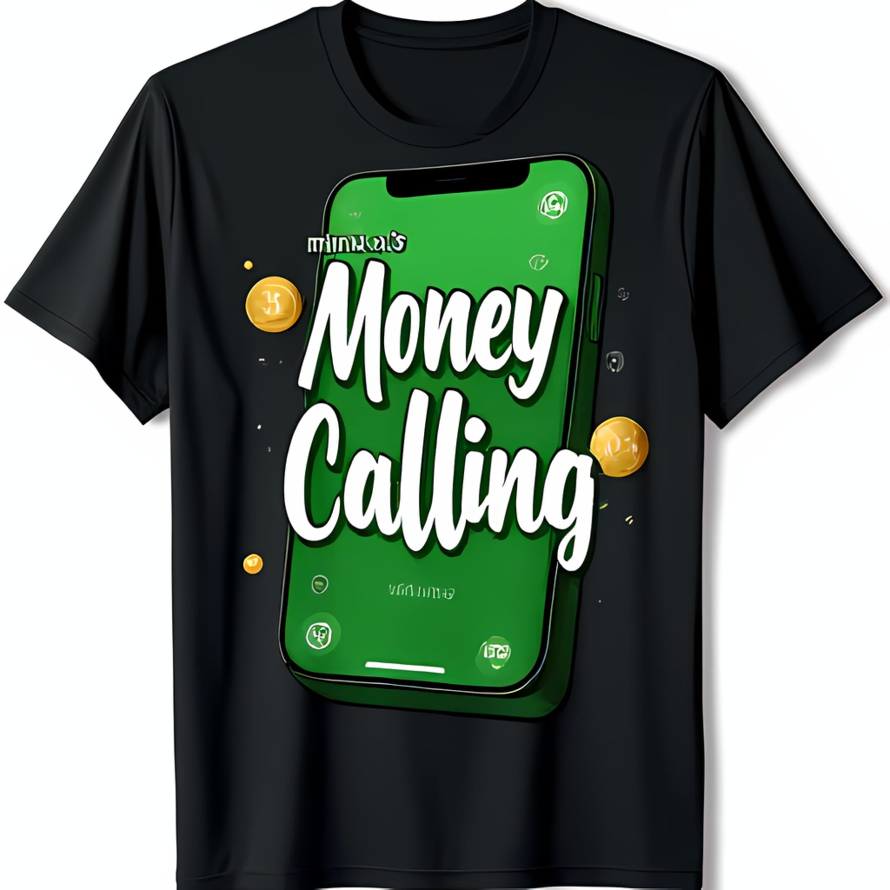 Black TShirt with Green Phone Screen & Gold Money Calling Graphic Tee