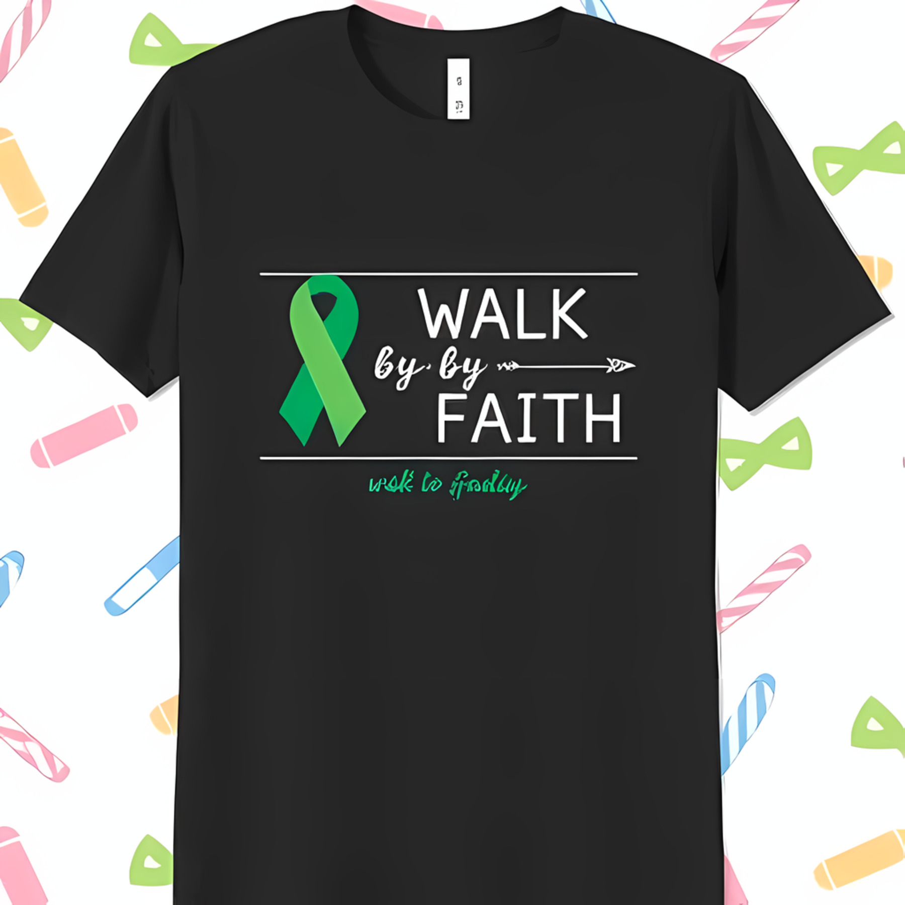 Black TShirt with Green Ribbon Bow Design & 'Walk by Faith' Text