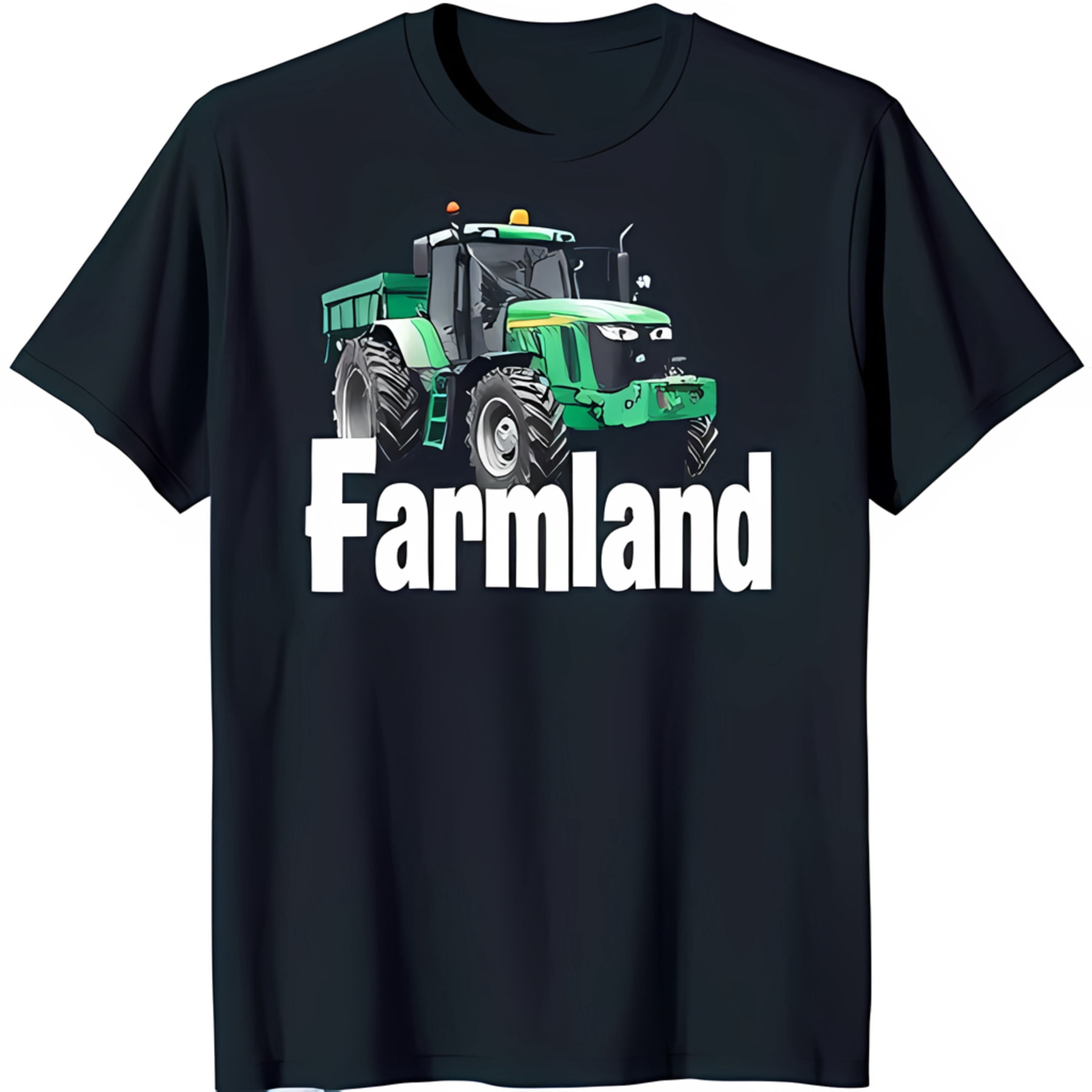 Black TShirt with Green Tractor Graphic and 'Farmland' Text for