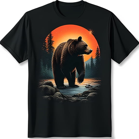 Black T-Shirt with Grizzly Bear Graphic Walking in Stream at Sunset