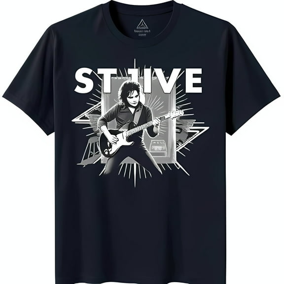 Black T-Shirt with Guitarist Design 'STIVE' Graphic Tee with Pattern