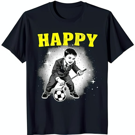 Black T-Shirt with 'HAPPY' Graphic and Cartoon Boy Golfing Soccer Ball