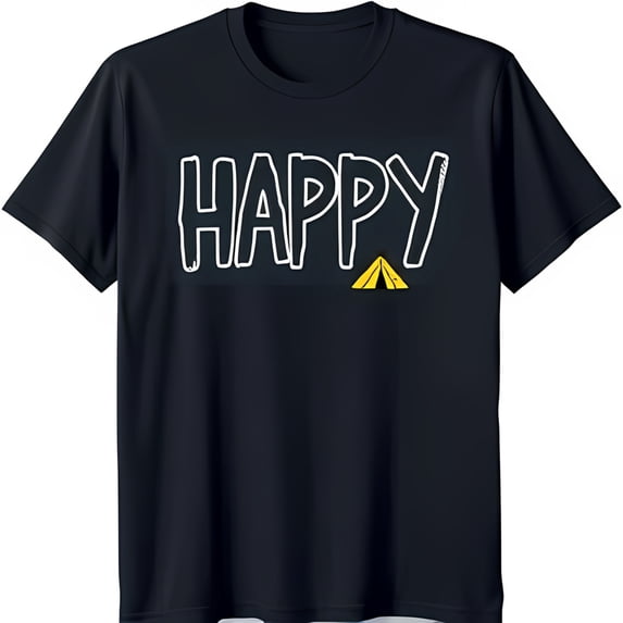 Black T-Shirt with 'HAPPY' Handwritten Font & Whimsical Yellow Tent Soft Casual Wear