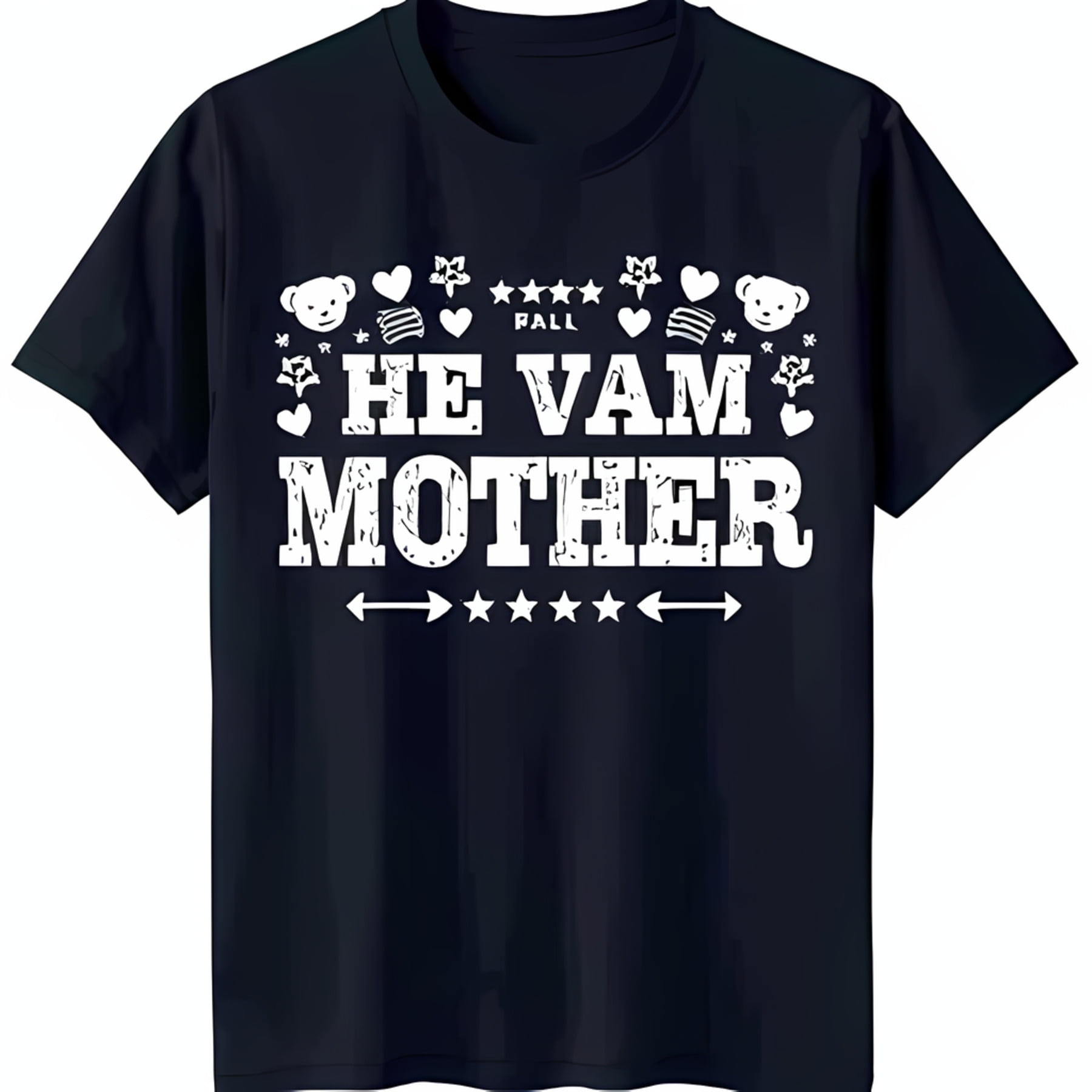 Black TShirt with 'HE VAM MOTHER' Graphic Design Hearts Stars & Arrows