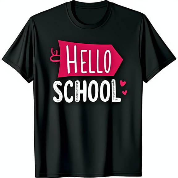 Black T-Shirt with HELLO SCHOOL Graphic Pink Arrow & Red Hearts Design