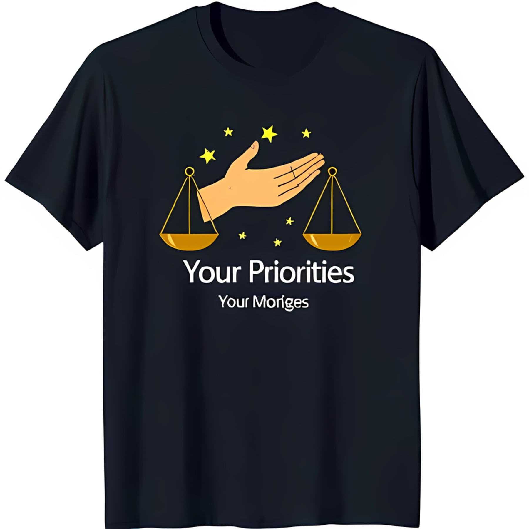 Black TShirt with Hand Balancing Scales Graphic 'Your Priorities