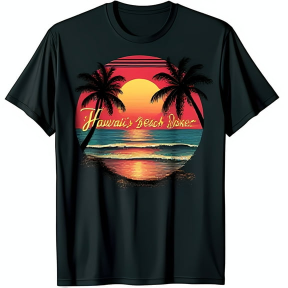 Black T-Shirt with Hawaii Beach Scene Graphic Trees & Sunset Design