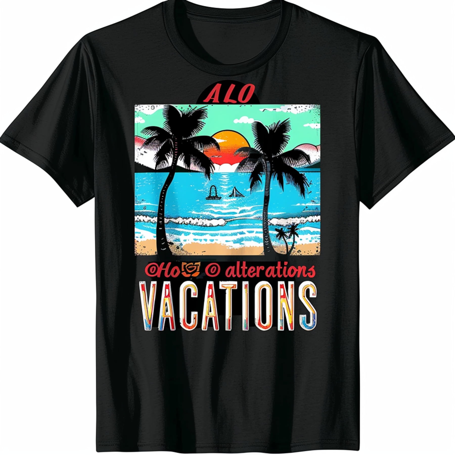 Black T Shirt with Hawaii Beach Sunset Illustration Palm Trees and