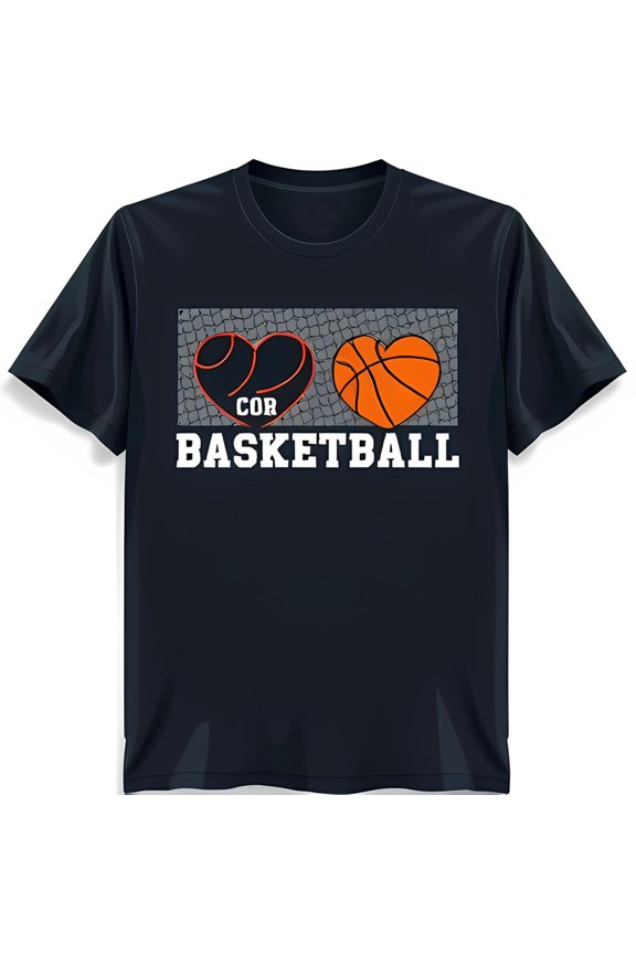 Black T-Shirt with Heart Shaped Basketballs Text Unique Design