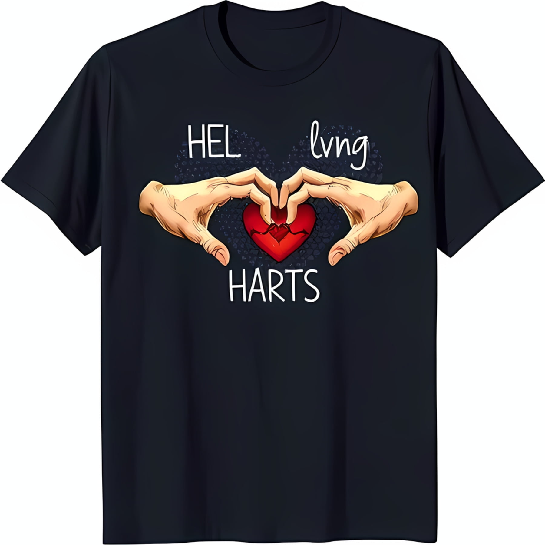 Black TShirt with Heart Shaped Hands Design & 'HEAL living HARTS' Text