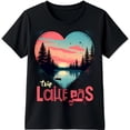 thumbnail image 1 of Black T-Shirt with Heart Shaped Lake Scene Graphic & Trip Lake Pass Design, 1 of 5
