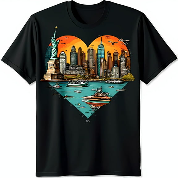 Black T-Shirt with Heart Shaped NYC Design & Sunset