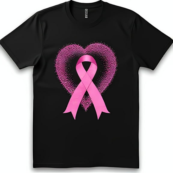 Black T-Shirt with Heart Shaped Pink Ribbon Graphic for