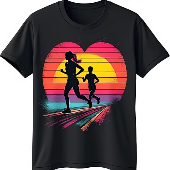 Black T-Shirt with Heart Shaped Sunset Graphic & Running Silhouettes for Runners