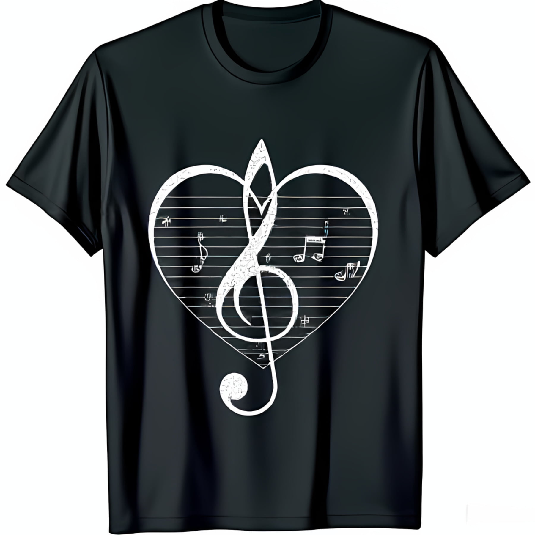Black TShirt with Heart Shaped Treble Design Musical Staff & Notes for
