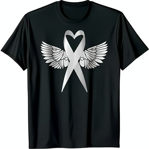 Black T-Shirt with Heart Shaped White Ribbon Design and Wings Support & Remembrance