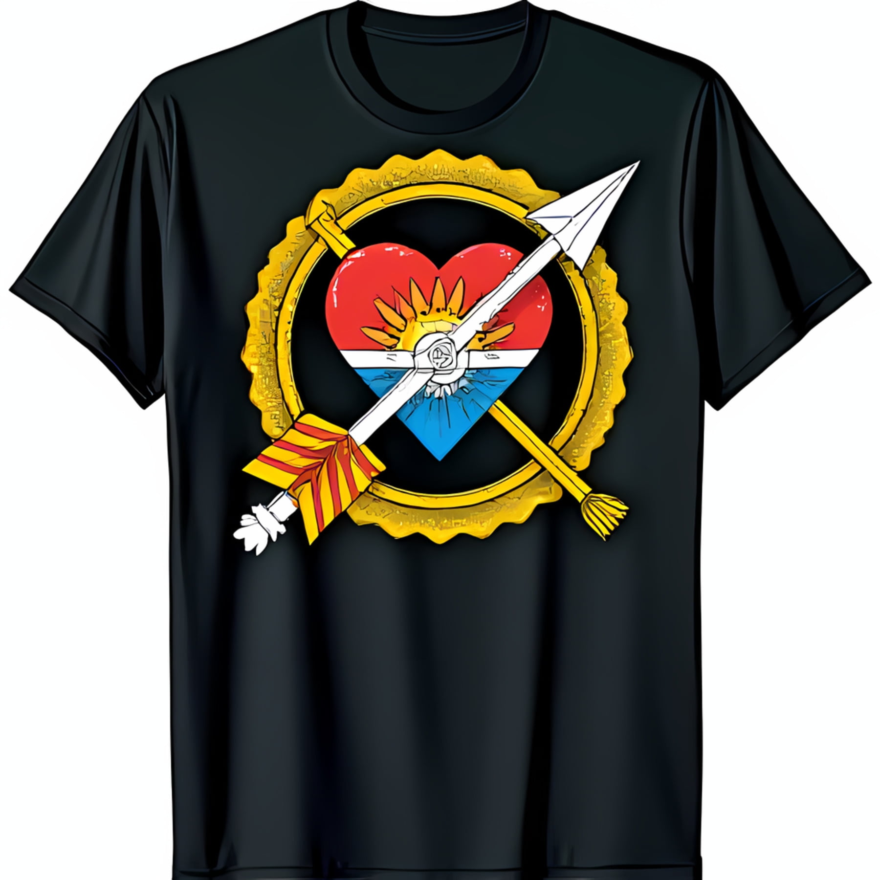 Black TShirt with Heart and Sun Graphic Arrow Design Gold