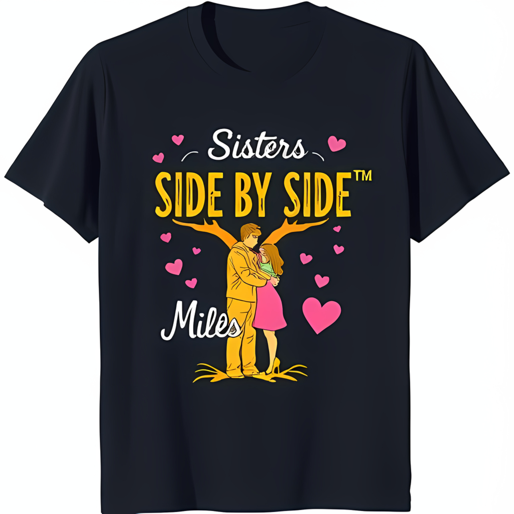 Black TShirt with Heartfelt Graphic Couple Under Tree 'Sisters Side