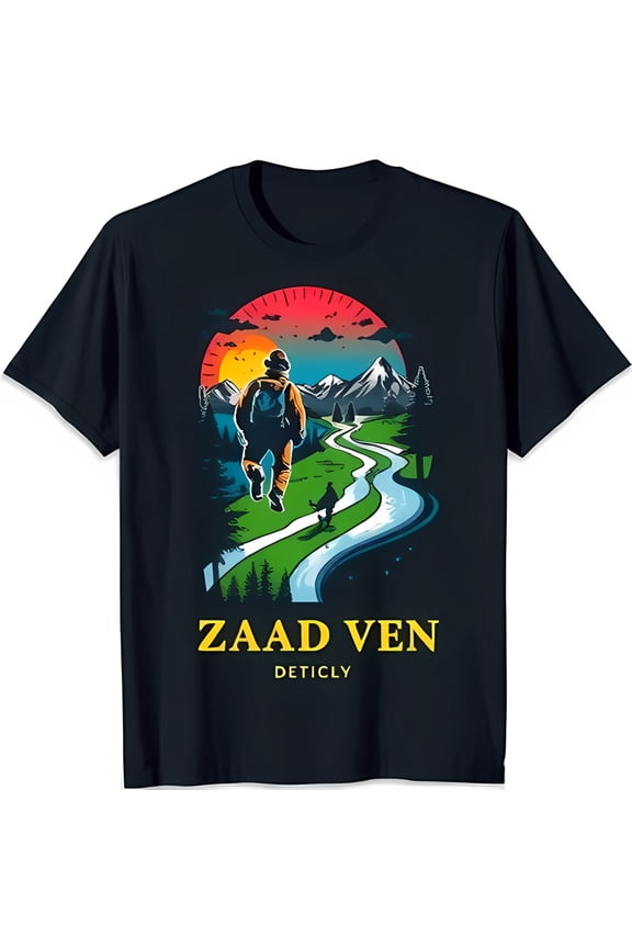 Black T-Shirt with Hiker Design Sunset Mountains & Forest ZAAD VEN