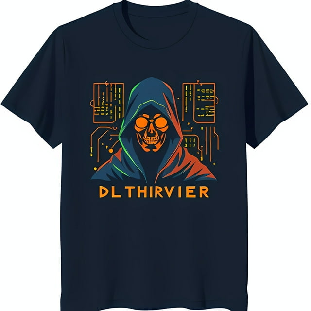 Black T-Shirt with Hooded Hacker Skeleton Design & Colorful Code Background DLTHIRVIER
