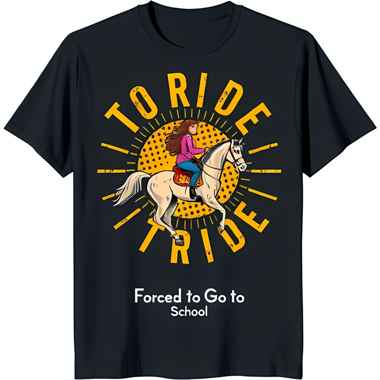 Black TShirt with Horse Riding Graphic 'To Ride' & 'Forced to Go to
