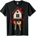 Black TShirt with House Graphic Red Roof & Golden Keys Design Symbol