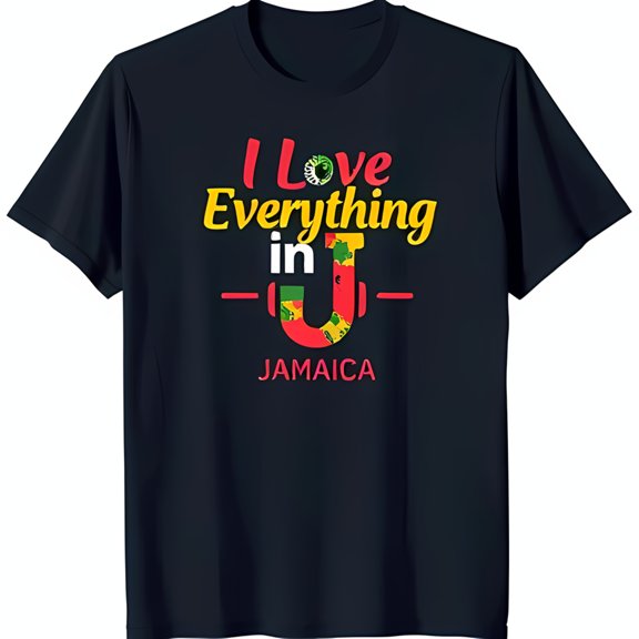 Black T-Shirt with 'I Love Everything in U Jamaica' Graphic Jamaican Design