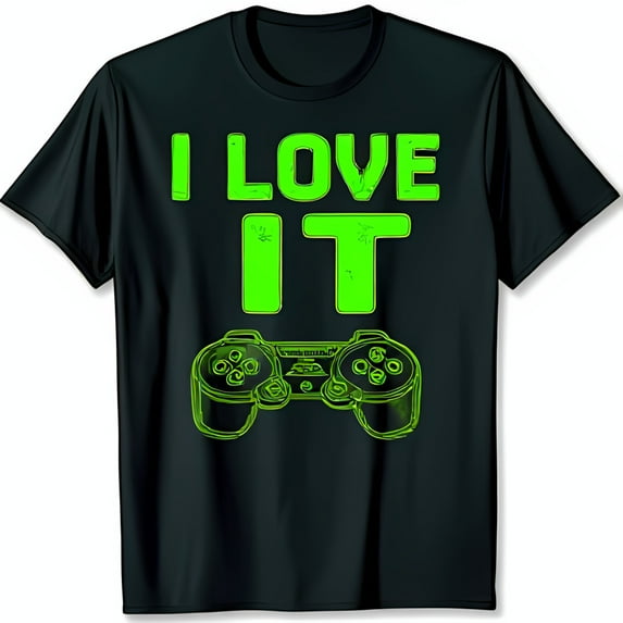Black T-Shirt with 'I Love It' Text and Green Controller Design for ...