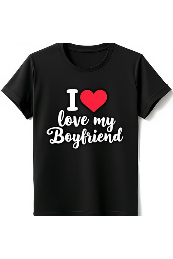 Black T-Shirt with I Love My Boyfriend Graphic Print & Red Heart Design Fabric Classic Fit