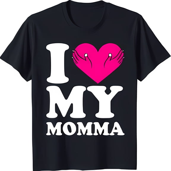 Black T-Shirt with 'I Love My Momma' Design Bold Font Blue Color Heart & Hands Graphic