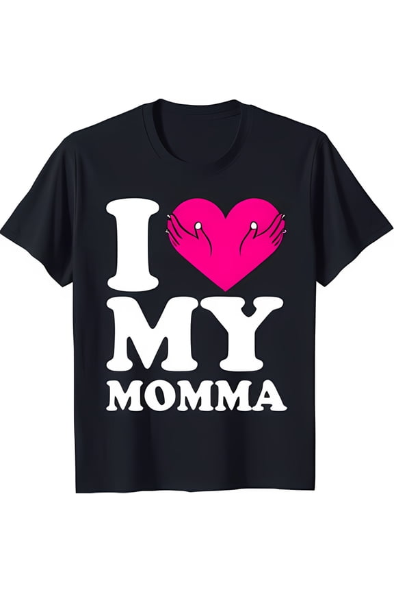 Black T-Shirt with 'I Love My Momma' Design Bold Font Blue Color Heart & Hands Graphic
