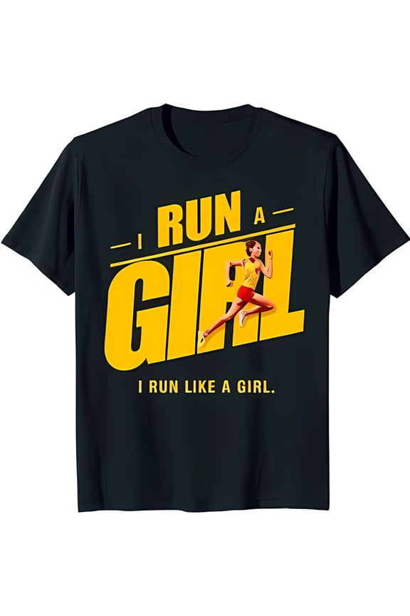 Black T-Shirt with 'I RUN LIKE A GIRL' Graphic & Running Woman Design