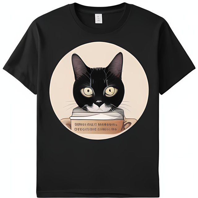 Black TShirt with Illustrated Cat Face and Coffee Cup Logo Vector Art