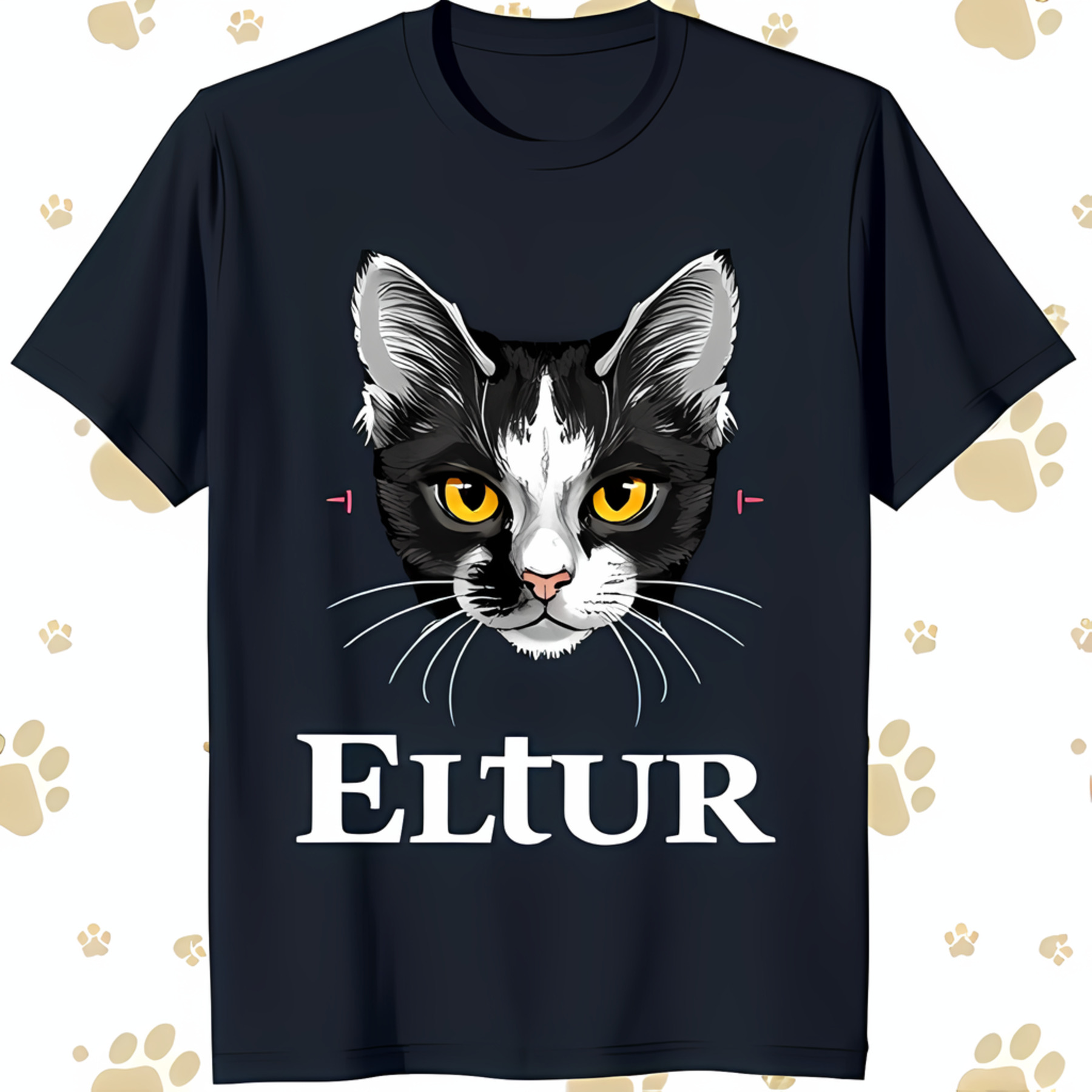 Black TShirt with Intense Cat Face Graphic and 'ELTUR' Text Unique