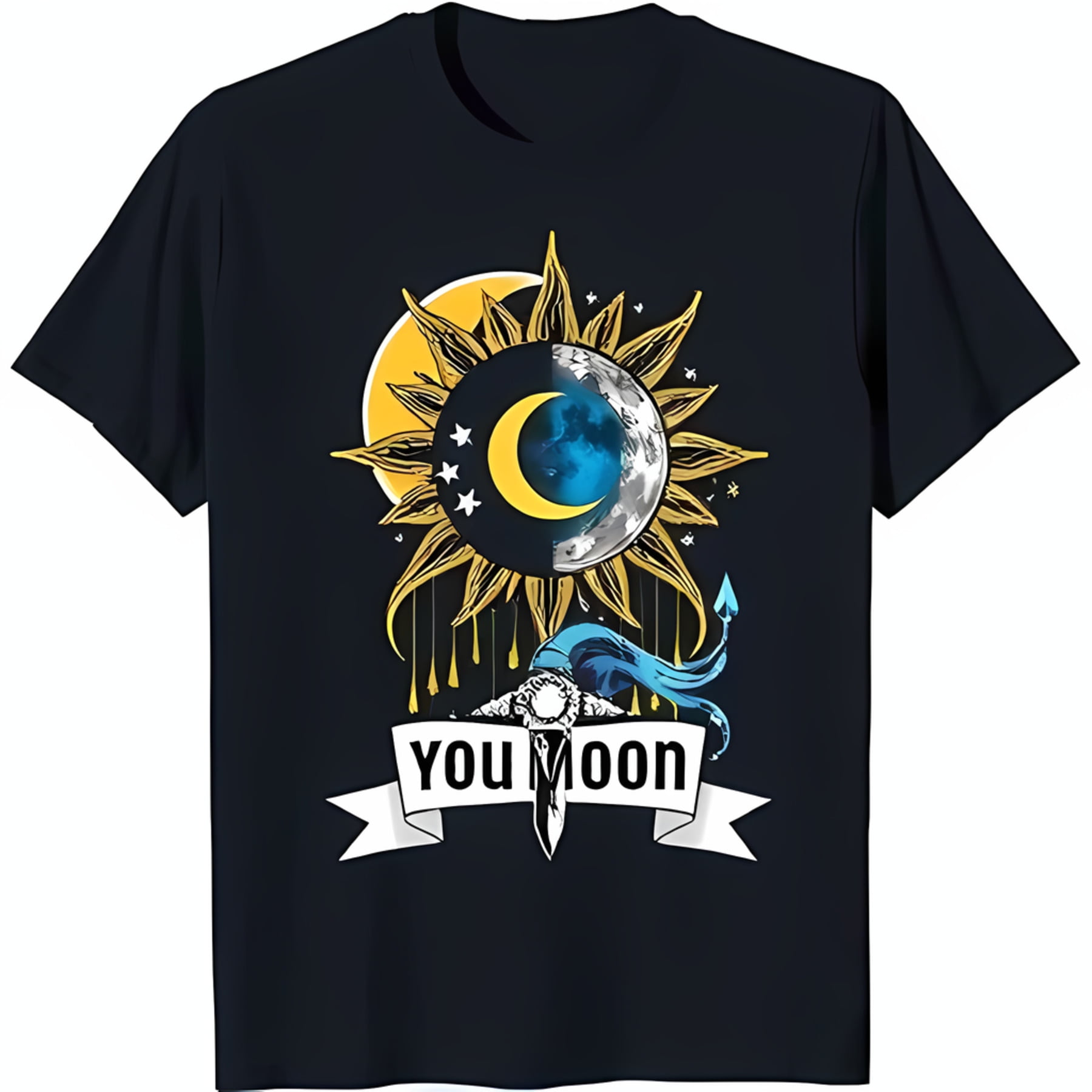 Black TShirt with Intertwined Sun and Moon Graphic 'You Moon' Design