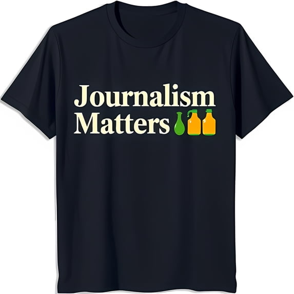 Black T-Shirt with 'Journalism Matters' Handwritten Script & Bottle Designs