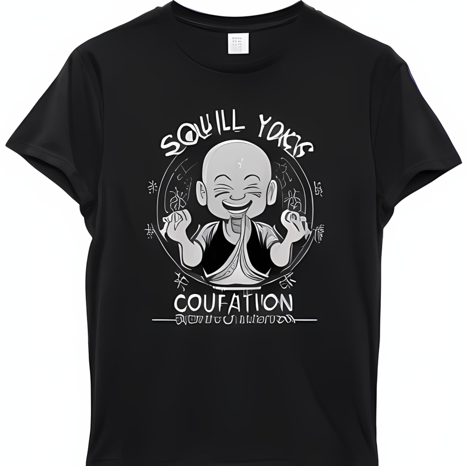 Black TShirt with Joyful Monk Cartoon Playful Text and Positive