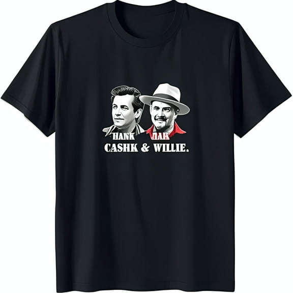 Black T-Shirt with Jr & Graphic 'HANK CASH & WILLIE' Design