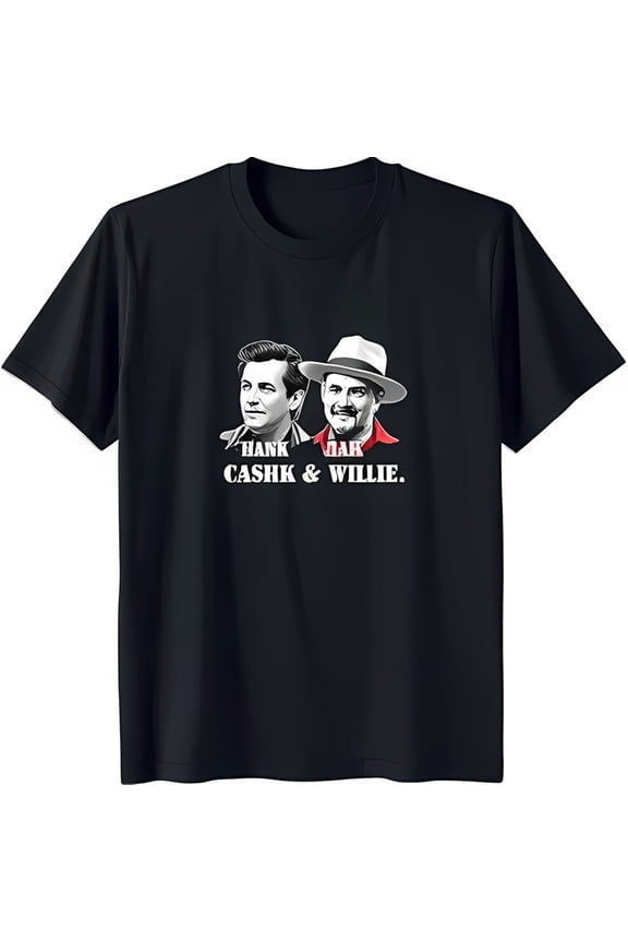 Black T-Shirt with Jr & Graphic 'HANK CASH & WILLIE' Design