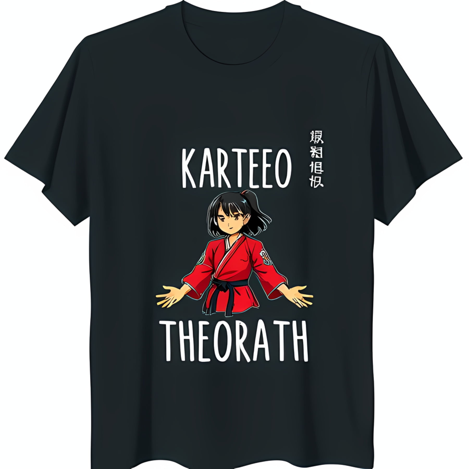 Black TShirt with 'KARTEEO' & 'THEORATH' Fighter in Red Gi Black Belt