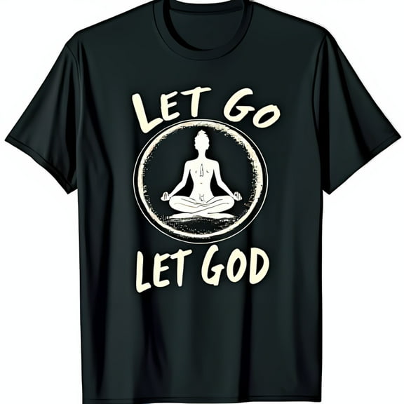 Black T-Shirt with 'LET GO LET GOD' Text & Meditating Design