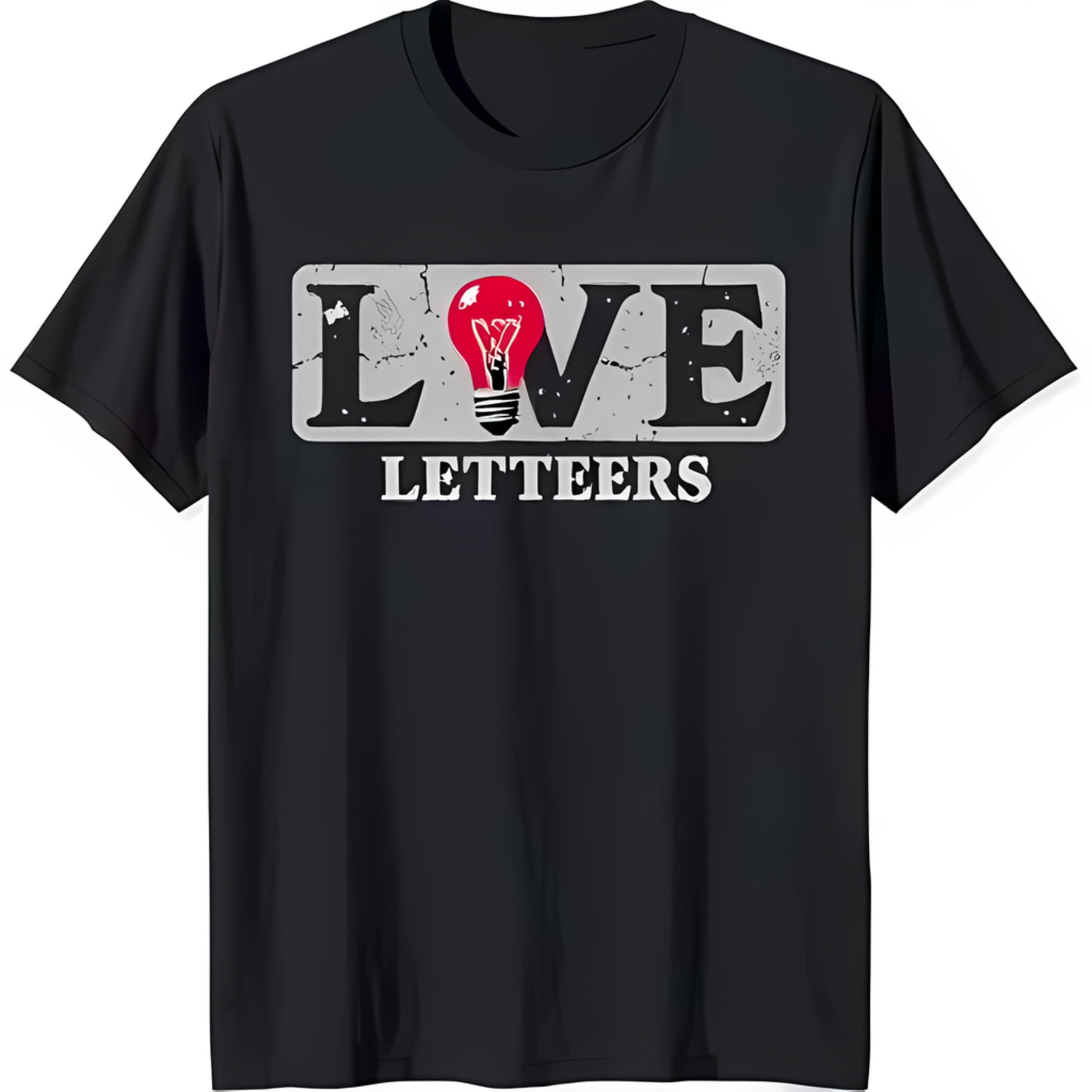 Black TShirt with 'LOVE' Graphic Design and Red Light Bulb Letterers