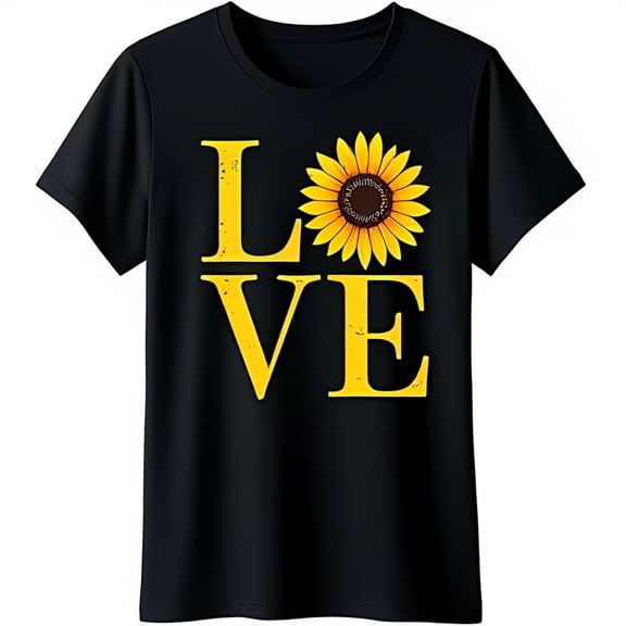 Black T-Shirt with LOVE Graphic Featuring Yellow Sunflower Design