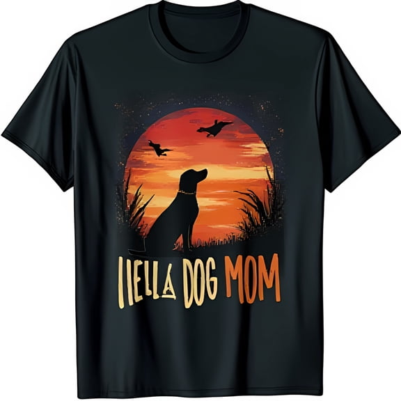 Black T-Shirt with Labrador Sunset Graphic & Dog Mom Text