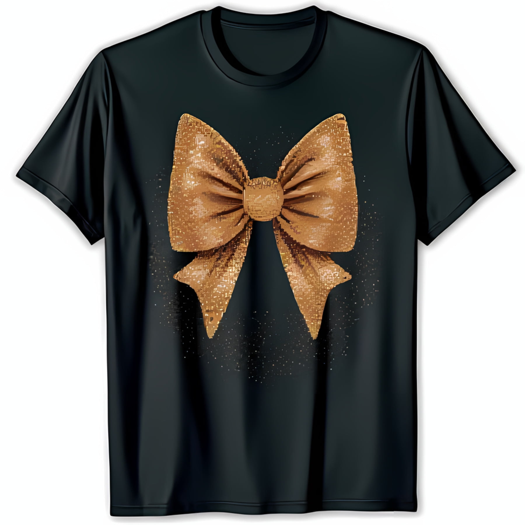 Black T-Shirt with Large Gold Glitter Bow Design Glamorous & Eye Catching