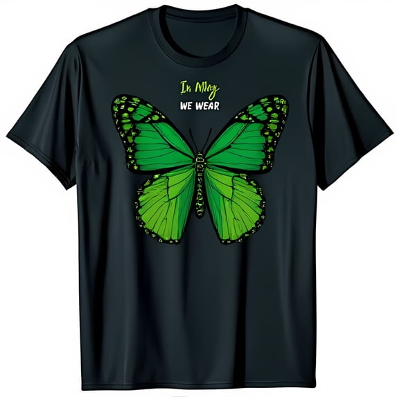Black T-Shirt with Large Green Butterfly Design & 'In May We Wear' Banner