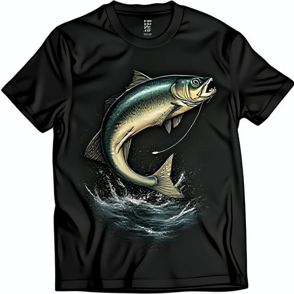 Black T-Shirt with Leaping Fish Graphic for Anglers