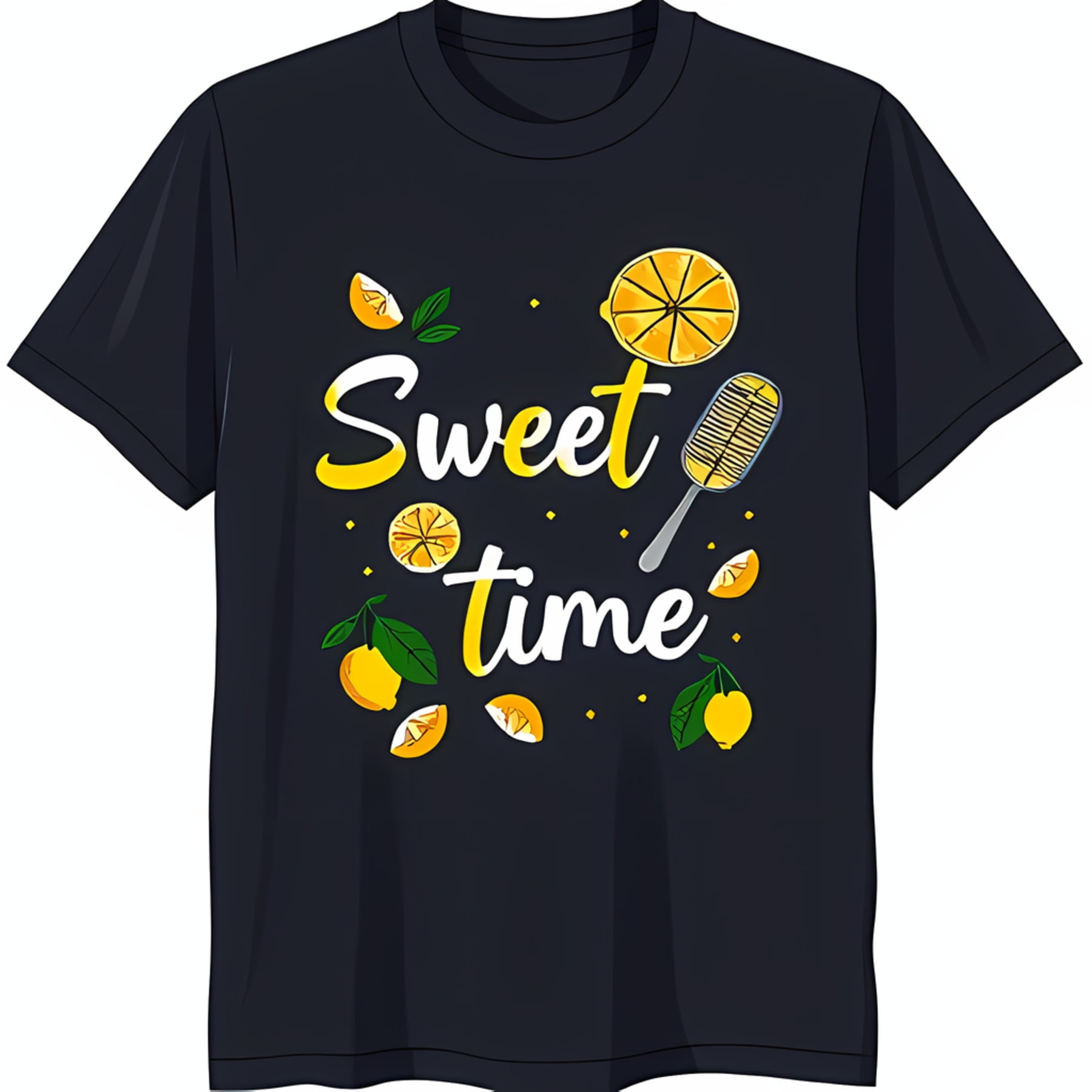 Black T-Shirt with Lemon Design Sun Shaped Lemon & 'Sweet ' Text ...